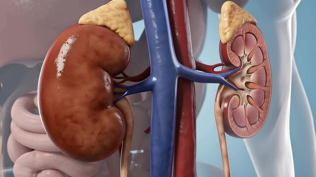 Human Kidney Anatomy: A detailed anatomical illustration showcases the human kidney, with its adrenal gland, renal artery, and vein clearly depicted.
