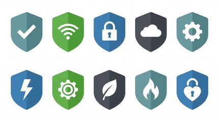 Fototapeta premium Security And Network Icons Set Flat Design With Shield Shapes
