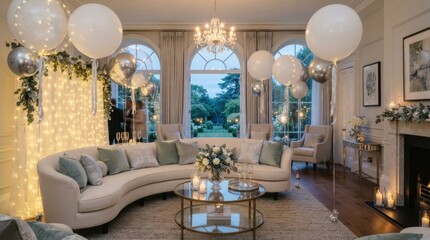 Obraz premium Elegant living room decorated for a sophisticated party with balloons and fairy lights