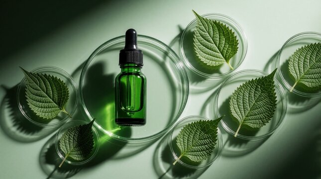 Green dropper bottle with organic face serum rests on glass petri dish. Fresh perilla leaves sit in lab glassware around container. Cosmetic composition lies on light surface. Botanical plant extract