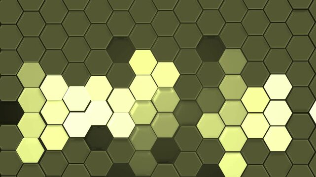 Monochrome hexagonal tile pattern background animation, hexagonal tile pattern with lighter hexagons forming abstract shapes against darker background