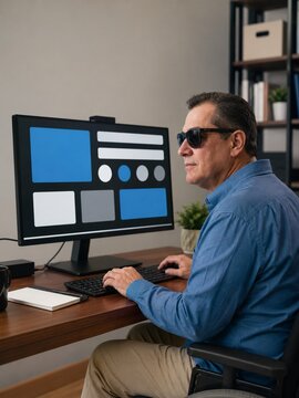 Low-vision professional using screen magnification at an office desk