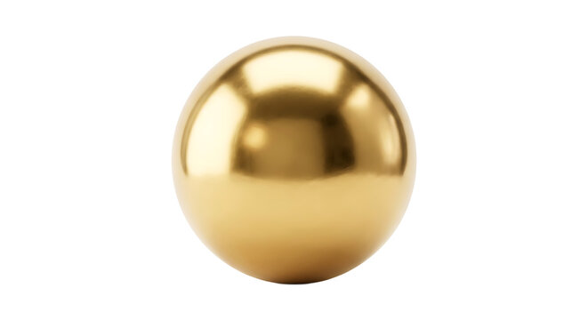 A single, perfectly smooth, polished gold sphere resting on a white surface, exhibiting a high-gloss metallic finish and soft reflections