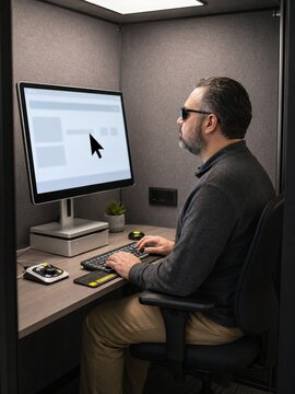 Professional using assistive magnification technology at work