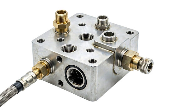 A stainless steel hydraulic manifold block with brass fittings and a braided metal hose isolated on a clean white background surface