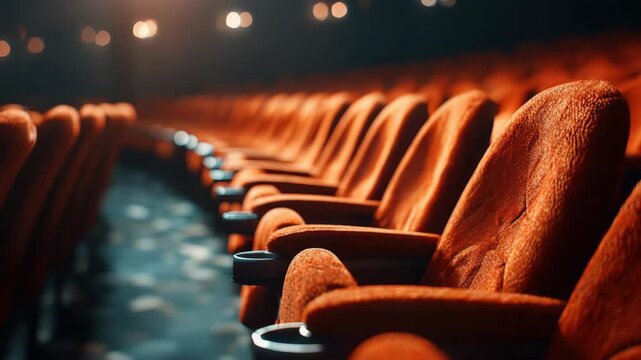 Empty cinema hall with rows of red velvet seats for movie theater entertainment, showing a quiet auditorium interior before the film starts