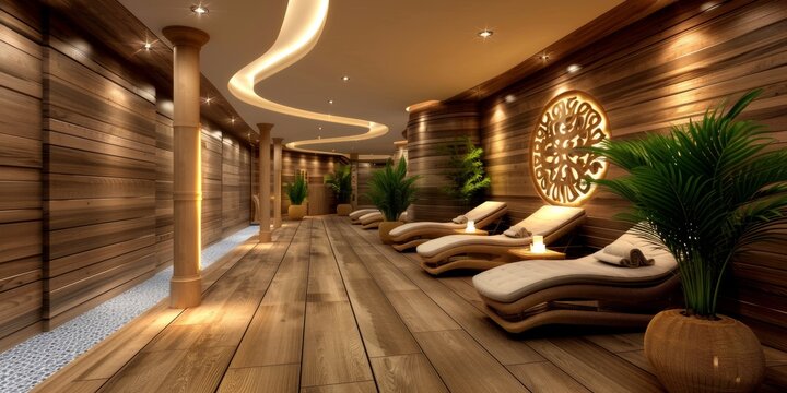 Serene spa environment showcasing wooden walls, comfortable loungers, and dim lighting for relaxation