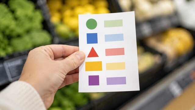 Hand holding a simple visual shopping list in a quiet grocery store