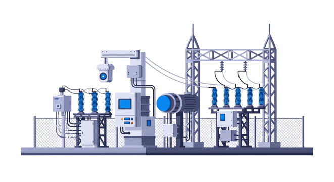 High-Voltage Electrical Substation Vector Illustration. Modern Power Grid Infrastructure with Transformers, Control Panels, and Energy Distribution Equipment