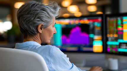 Naklejka premium Faceless mature female financial analyst reviewing live market data, live market data, financial analysis, business analytics, market research, professional expertise, with copy