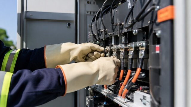 Engineer checking outdoor battery storage for a local microgrid