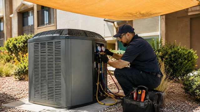 Summer heat pump service under a sun shade at an apartment complex