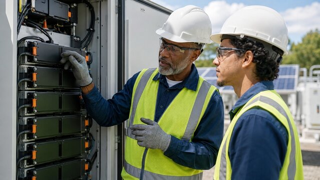 Senior technician mentoring an apprentice at a battery installation