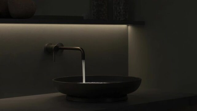 Modern bathroom sink with matte black wall mounted faucet and flowing water in a dark minimalist interior design setting for luxury home decor