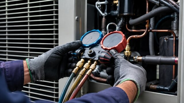 Gloved technician checking heat pump pressure gauges during service
