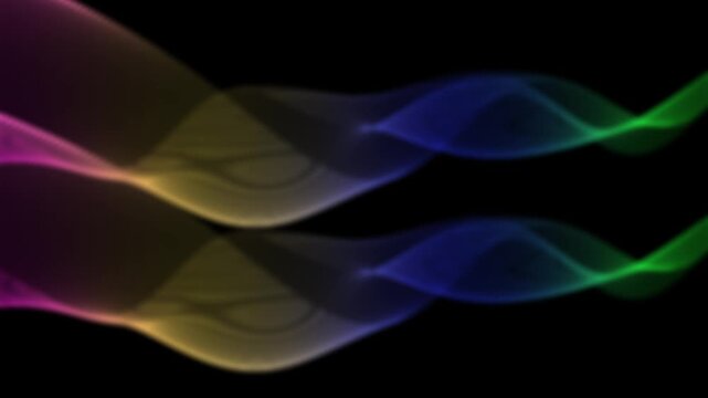 Abstract flowing multicolored smoke-like ribbons on black background, smooth gradient waves from pink and yellow to blue and green