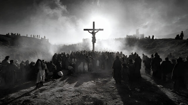 Dramatic black and white depiction of the crucifixion of Jesus Christ on a cross with a crowd gathered on a rocky hilltop