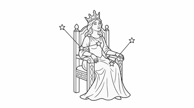 Cassiopeia Constellation Queen Sitting on Throne, Black and White Line Art Vector Illustration, Celestial Mythology and Astronomy Concept