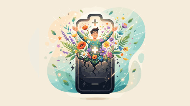 Man emerging from a broken battery with flowers and positive energy. The Metaphor of Burnout and Recovery  