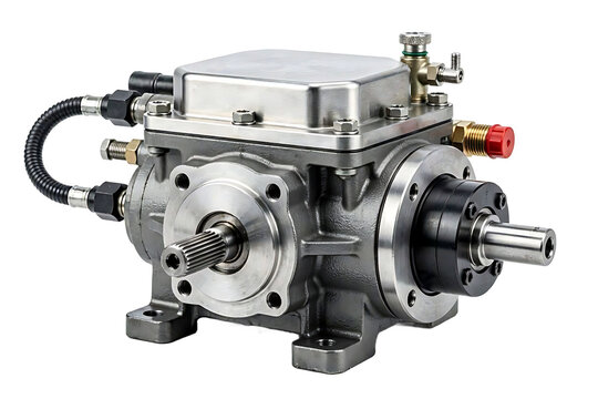 Industrial hydraulic pump or gearbox assembly with a metallic casing, rotating shaft, and various fluid ports, isolated on a white background