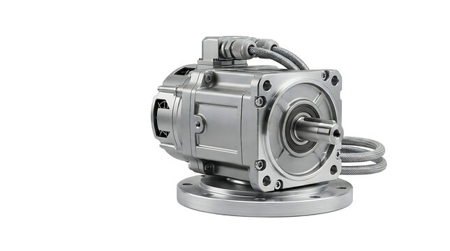 Industrial servo motor with mounting flange and electrical cables, isolated on a white background, for robotics and, automation systems