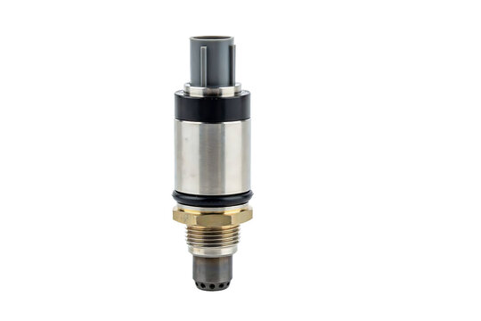 Metallic automotive sensor with a gray plastic connector and threaded brass base, isolated on a white background, for vehicle repair