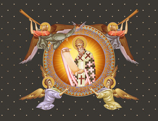Obraz premium Saint Spyridon, Bishop of Trimythous. Decorative vintage illustration with angels in Byzantine style