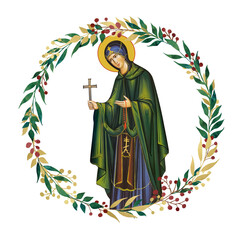 Obraz premium Saint Parascheva of the Balkans. Decorative vintage floral wreath, illustration in Byzantine style isolated