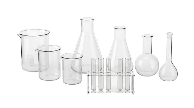 Set of empty laboratory glassware including beakers, flasks, and test tubes in a rack, isolated on a white background, for science use