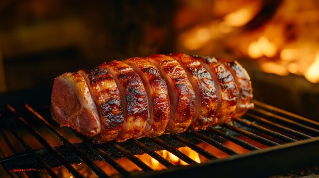 Juicy smoked meat cooking over glowing coals at a barbecue gathering on a summer evening