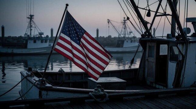 American flag flies on fishing boat deck at dawn. Old commercial vessel moored at wooden dock in morning harbor. Patriotic national symbol waves above calm water near pier. Seaport scene before