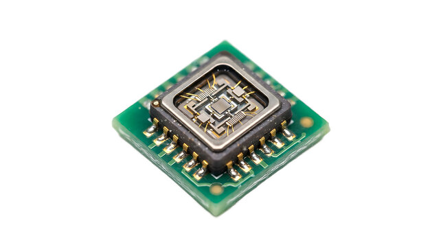 Small square electronic sensor chip on a green printed circuit board with gold pins, isolated on a white background, for electronics