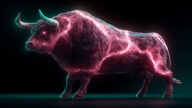 Bull market silhouette with crimson electric energy in dark void cinematic steady cam for cryptocurrency financial marketing