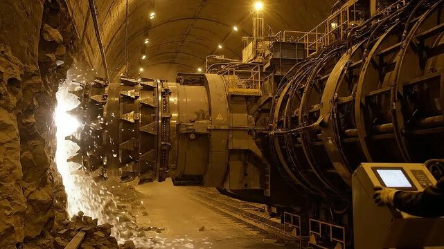 Industrial Tunnel Boring Machine Operating, Creating Sparks As It Excavates Rock In A Well-Illuminated Tunnel Environment