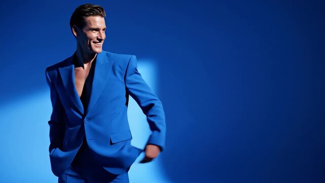 Happy Man Presenting in Avant-Garde Electric Blue Suit with Monochromatic Background