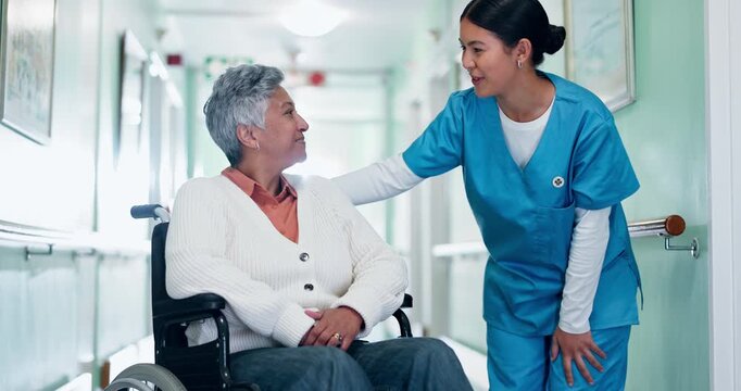 Happy, nurse and old woman in wheelchair in hospital, rehabilitation and support for senior patient. Clinic, medical professional and elderly person with disability, kindness and empathy with gesture