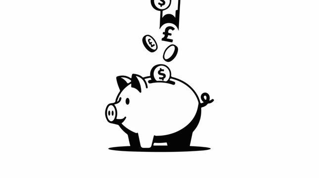 A cartoon piggy bank with coins falling into its slot