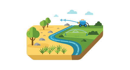Fototapeta premium Flat Vector Illustration of Irrigation System Transforming Arid Desert into Fertile Green Farmland with Water Pump and River