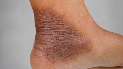 Fototapeta premium Close-up image of human ankle with dark dry skin texture and visible rough patches on brown skin