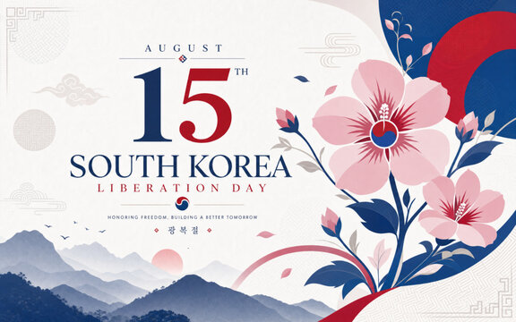 South Korea Liberation Day banner with national colors, Mugunghwa flowers, and patriotic typography for August 15 celebrations, commemorative events, and holiday promotions.