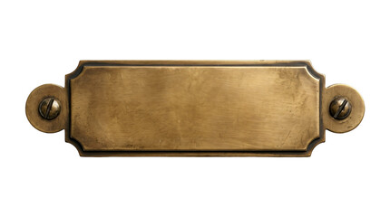 Obraz premium Vintage brass nameplate on white background, antique metal label plaque with screw holes, blank engraved sign tag
