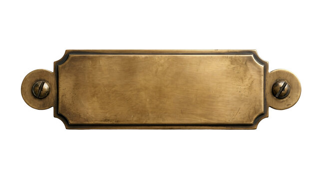 Vintage brass nameplate on white background, antique metal label plaque with screw holes, blank engraved sign tag