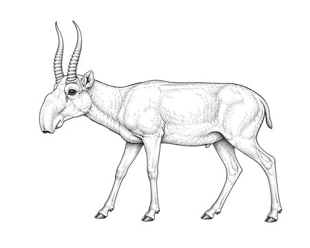 A fine line ink drawing of a saiga antelope with distinct curved horns, captured in a side profile view. Vintage black and white engraving art style on a clean background.