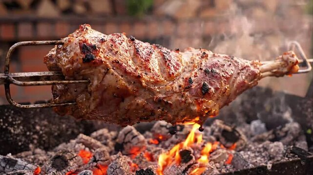 Roasted Leg of Meat Spinning on Outdoor Rotisserie Spit Over Open Fire