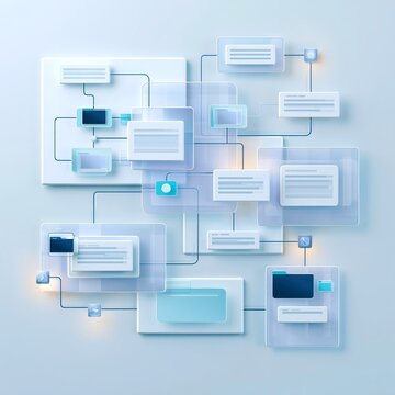 Digital network of connected screens and data blocks on a light background