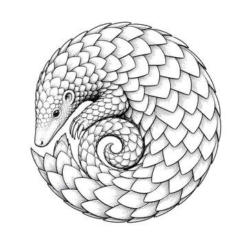 A circular black and white ink illustration of a pangolin curled in a protective ball showing detailed scales. Vintage engraving style vector sketch on a white background.