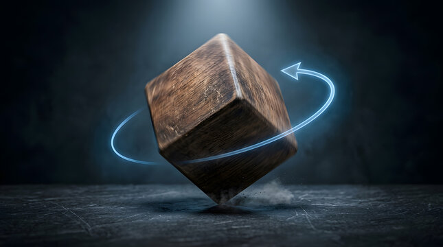 rotating wooden cube 3d visualization | product spin concept with blue neon arrow | balancing wood block on dark stone surface | 360 degree rotation conceptual abstract art