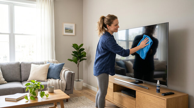 Woman cleaning TV screen with cloth in modern living room  