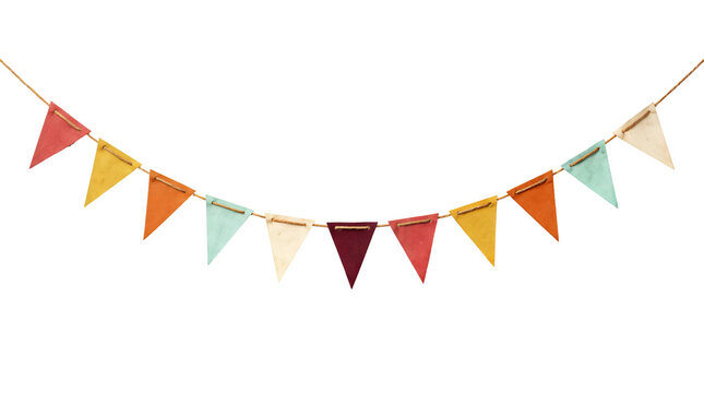 Colorful triangular bunting flags garland, festive party banner decoration, isolated pennant string on white background