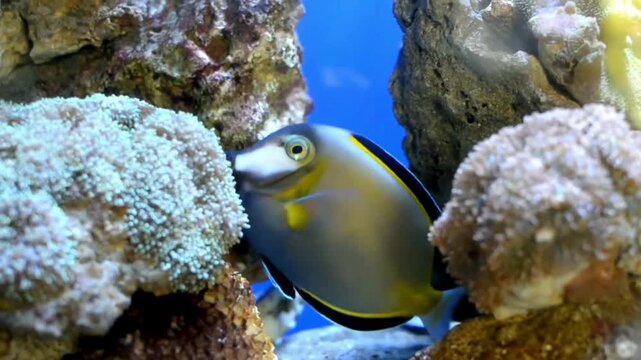 Blue Tang Fish Swimming and playing Among Coral Reef Underwater